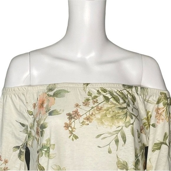 Chaser Shirt Womens Medium Cream Green Floral Off Shoulder Blouse Botanical - Picture 4 of 7